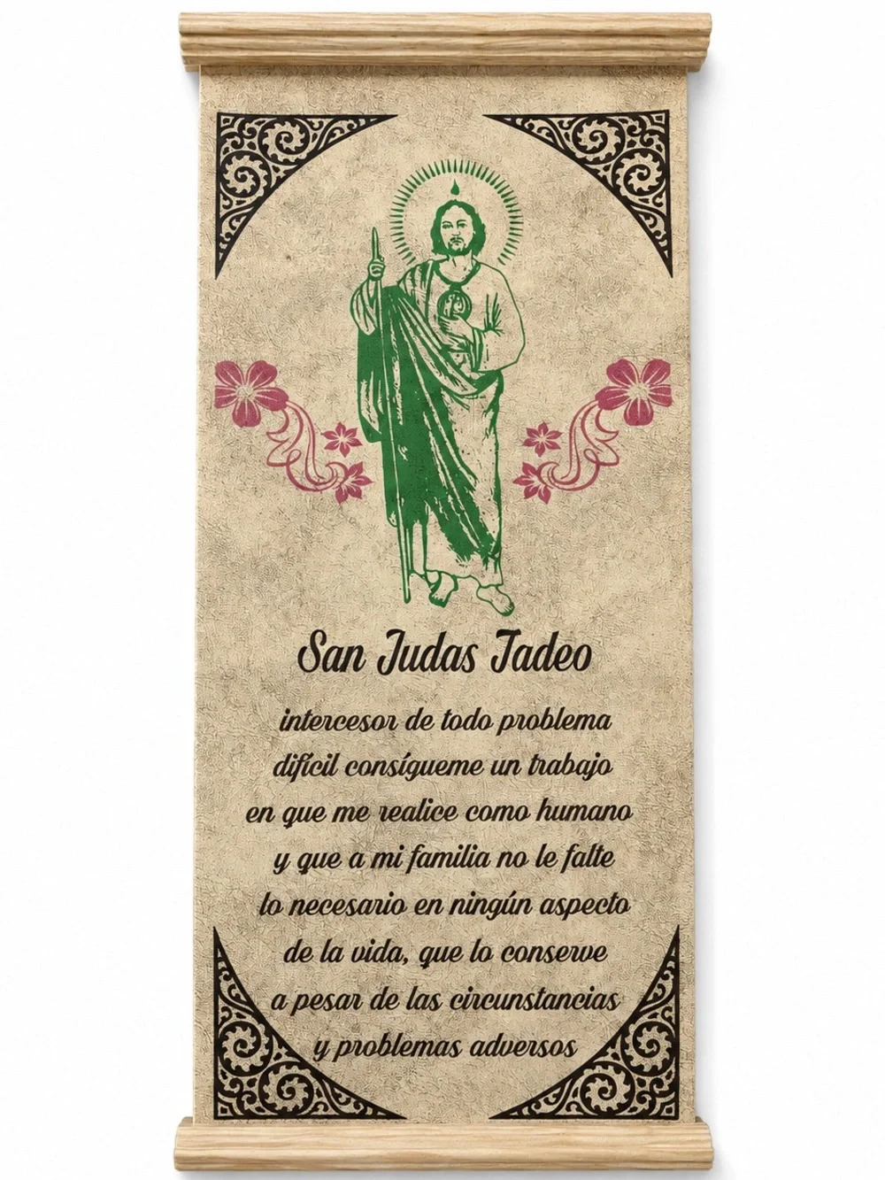 San Judas Tadeo Religious Wall Scroll - Green and Pink